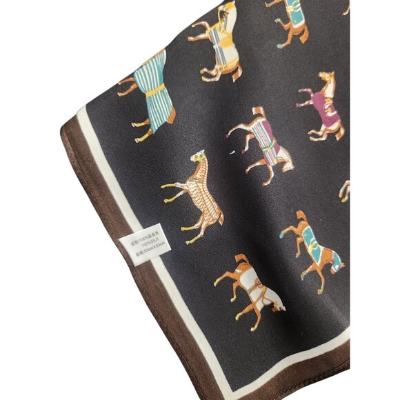 Luxury Black 100% Silk Equestrian Horse Print Scarf With Brown Border Decorative - Picture 5 of 12